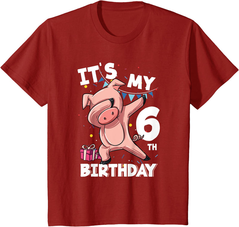 Pig Birthday Outfit for Boys Girls Party Supplies Its My 6th Birthday 6 Year Old Pig Birthday T-Shirt - Cranberry Red