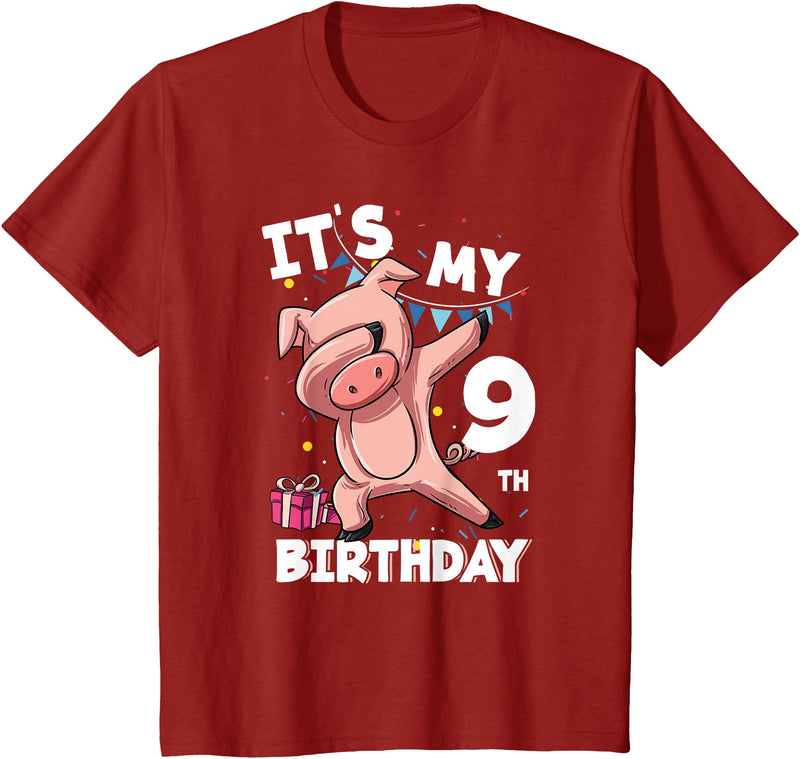Pig Birthday Outfit for Boys Girls Party Supplies Its My 9th Birthday 9 Year Old Pig Birthday T-Shirt - Cranberry Red