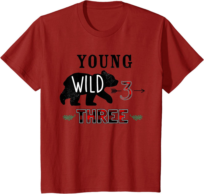 UrbanWear Bear Buffalo plaid Young Wild & Three 3 years 3rd Birthday T-Shirt - Cranberry Red