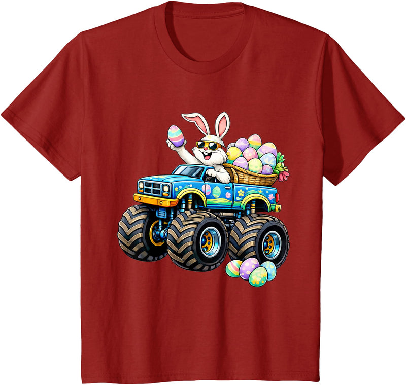 Easter Day Bunny Monster Truck Eggs Rabbit Boys Kids T-Shirt in Cranberry Red