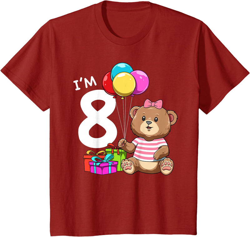8th Birthday Teddy Bear - 8 Years Old Gift Tee Kids Eight Birthday Teddy Bear - 8 Year Old Girl T-Shirt - Cranberry Red