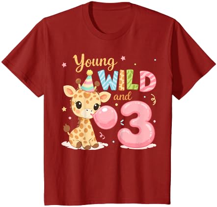 3rd Birthday Gifts Co. Kids Kids 3rd Birthday Young Wild and Three 3 Year Old Giraffe T-Shirt - Red