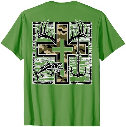 Camo Cross Fishing Faith Christian 2 Sided Hunting Fishing Cross Camo Faith Christian Fisherman Hunter T-Shirt - size chart