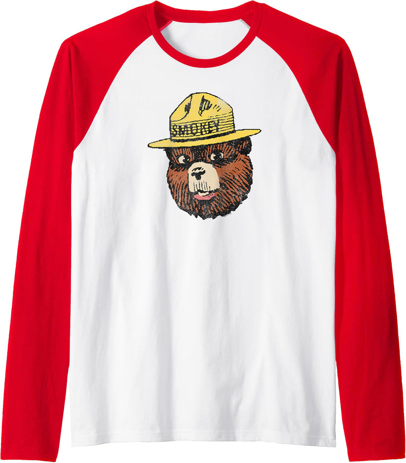 Smokey Bear Vintage Smokey Head Raglan Baseball Tee - Red/White