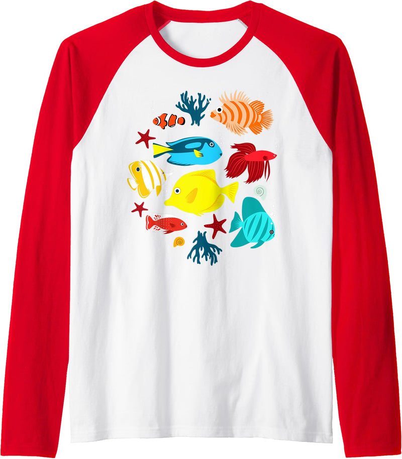 Tropical fishes aquarium under ocean Raglan Baseball Tee - Red/White