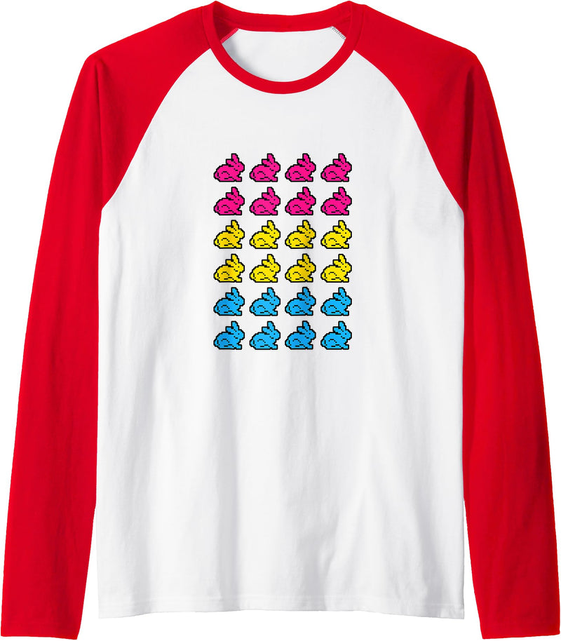 Bunny Rabbit Pixel Art LGBT Pansexual Flag Color Raglan Baseball Tee in Red/White