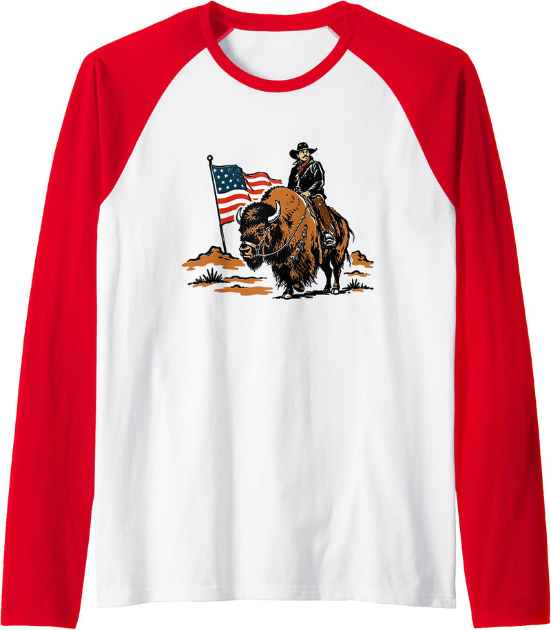 American Cowboy Bison Rodeo Patriotic 4th Of July Retro Western Cowboy Riding Buffalo 4th of July Rodeo Summer Raglan