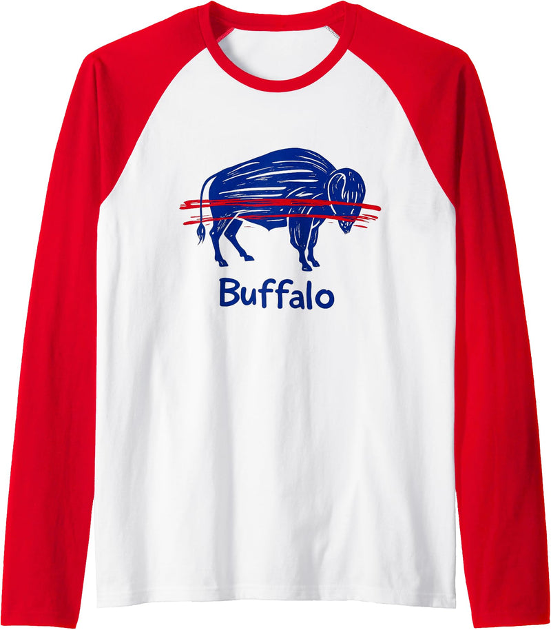 Buffalo Game-Day Designs Funny Drawing Buffalo Women Girls Kids Raglan Baseball Tee - Red/White