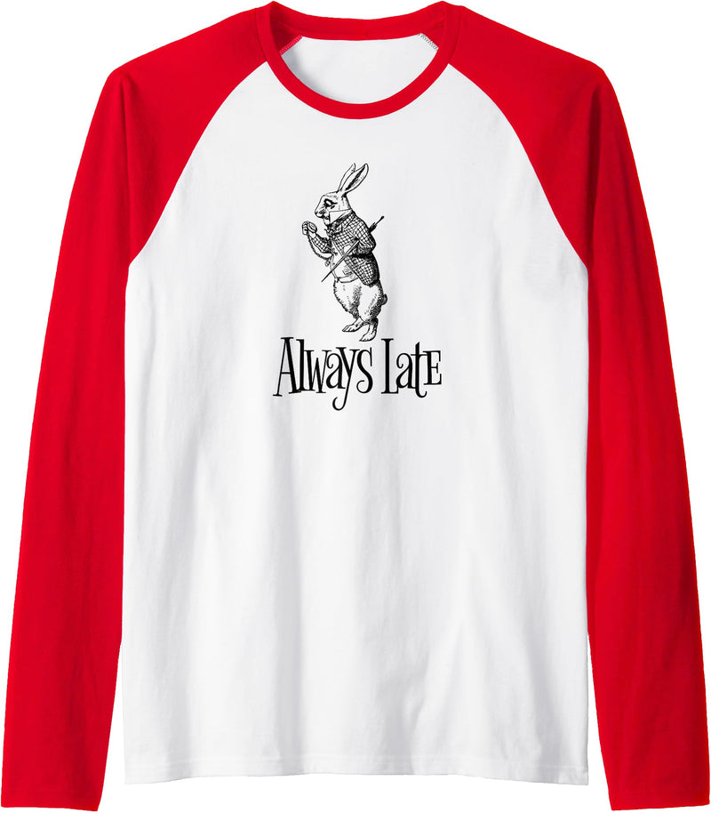 Always Late - White Rabbit Alice Wonderland Raglan Baseball Tee in Red/White