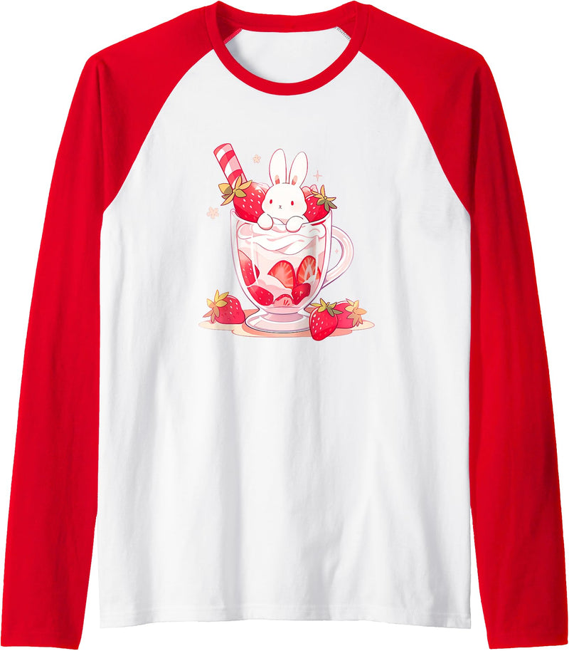 Cute Anime Bunny Rabbit Strawberry Milk Kawaii Raglan Baseball Tee in Red/White