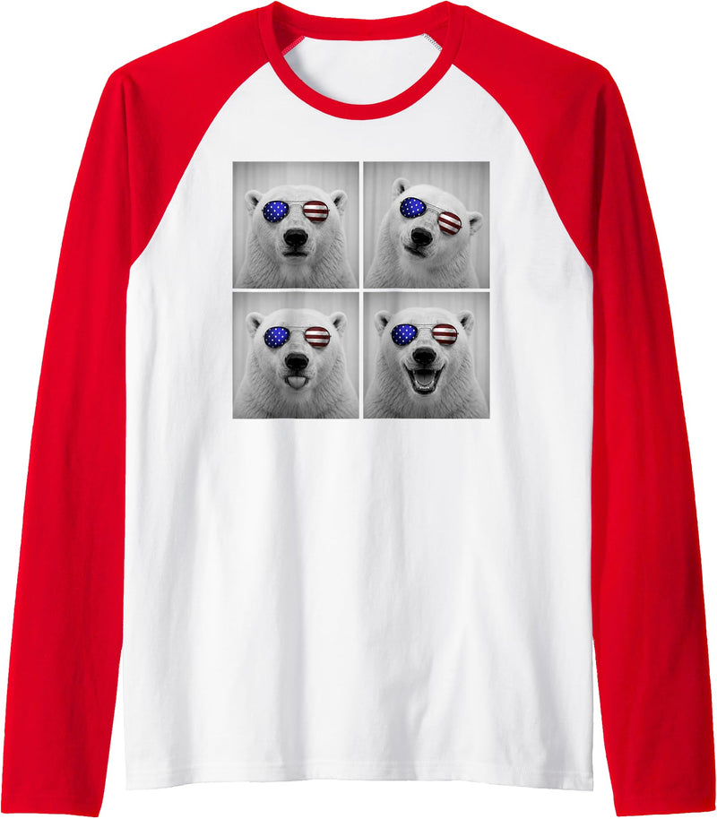 Retro Polar Bear USA July Fourth Photo Booth Polar Bear 4th of July US American Flag Patriotic Raglan Baseball Tee - Red/White