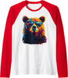 Colorful Forest Illustration Bear Art Nature Bear Wearing Sunglasses Wildlife Graphic Colorful Bear Raglan Baseball Tee - Red/White