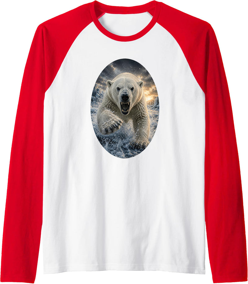 Untamed Horizon Collection Polar Bear Wildlife Art Majestic Arctic Nature Graphic Raglan Baseball Tee - Red/White