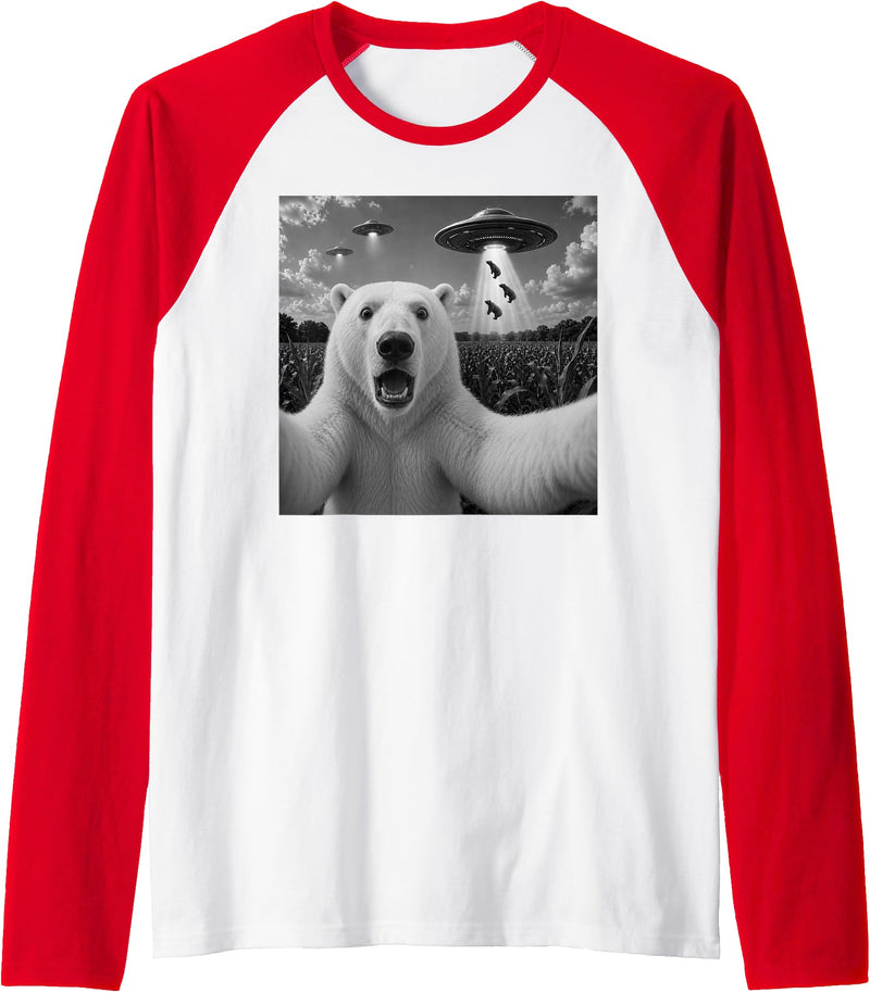 Retro Polar Bear Selfie with UFOs Meme Polar Bear Selfie with UFO Alien Funny Raglan Baseball Tee - Red/White