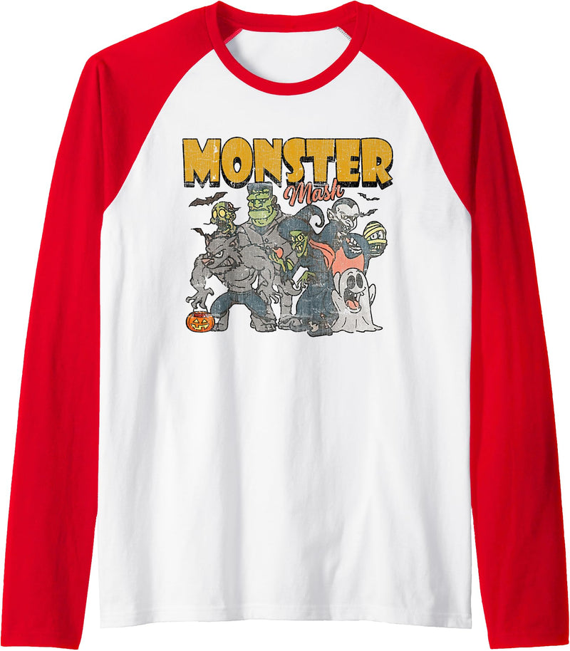 Monster Mash Vintage Ghost Halloween Funny Raglan Baseball Tee - Red/White
