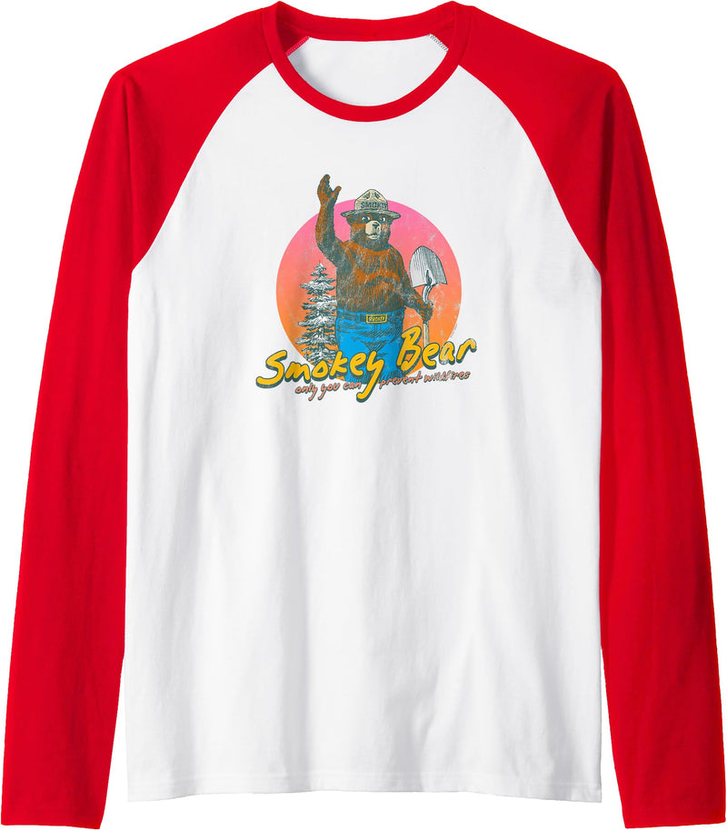 Smokey Bear Retro Smokey Bear Colorful Sunset PSA Raglan Baseball Tee - Red/White