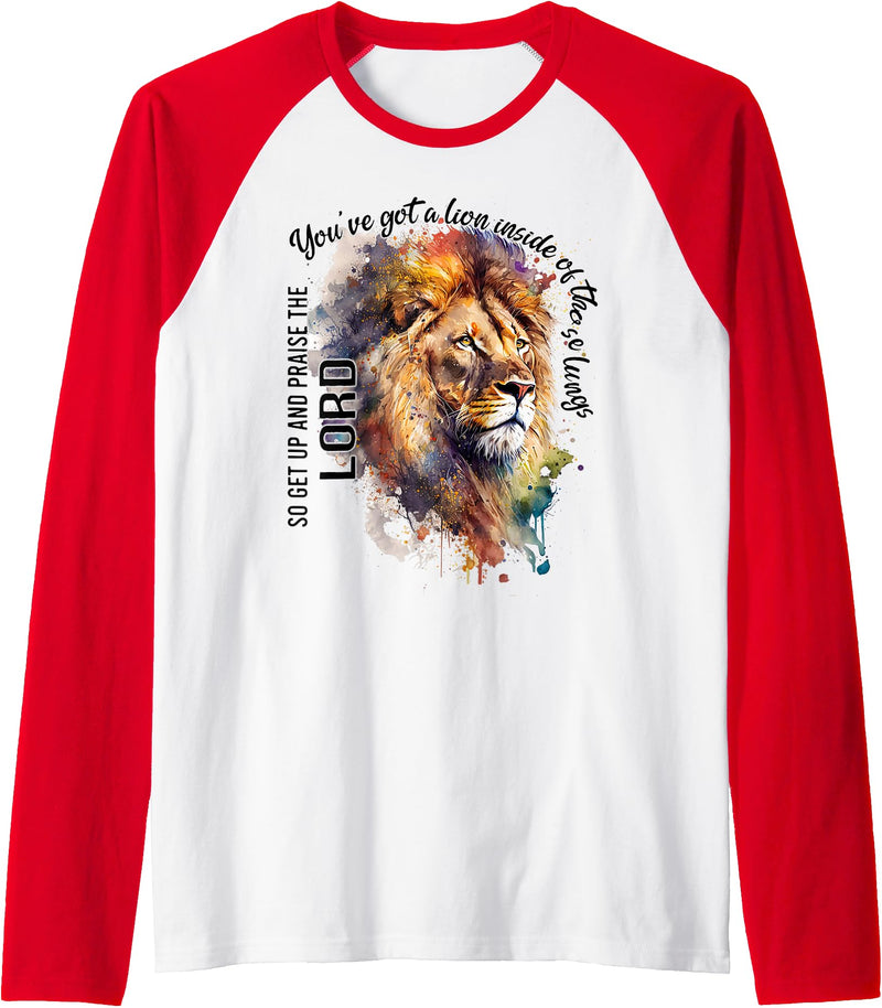 Lion in Lungs Christian Shirts & Gifts You've Got A Lion Inside Of Those Lungs, Christian Religious Raglan Baseball Tee - Red/White