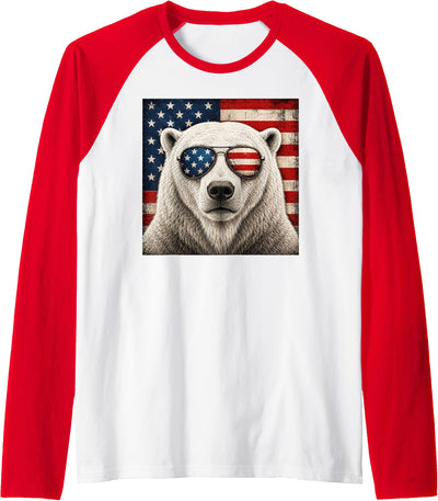 Polar Bear 4th of July US American Flag Patriotic Raglan Baseball Tee