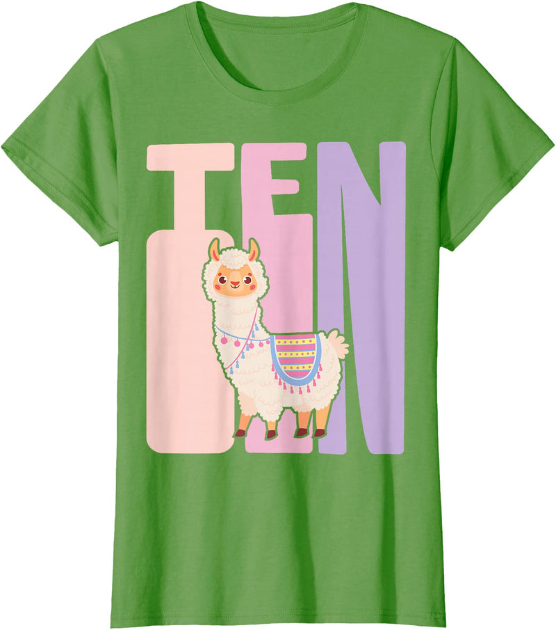 Retro Llama Alpaca Themed Girls Birthday Designs 10th Birthday Girl Cute Llama Alpaca 10 Years Old T-Shirt - Grass Green