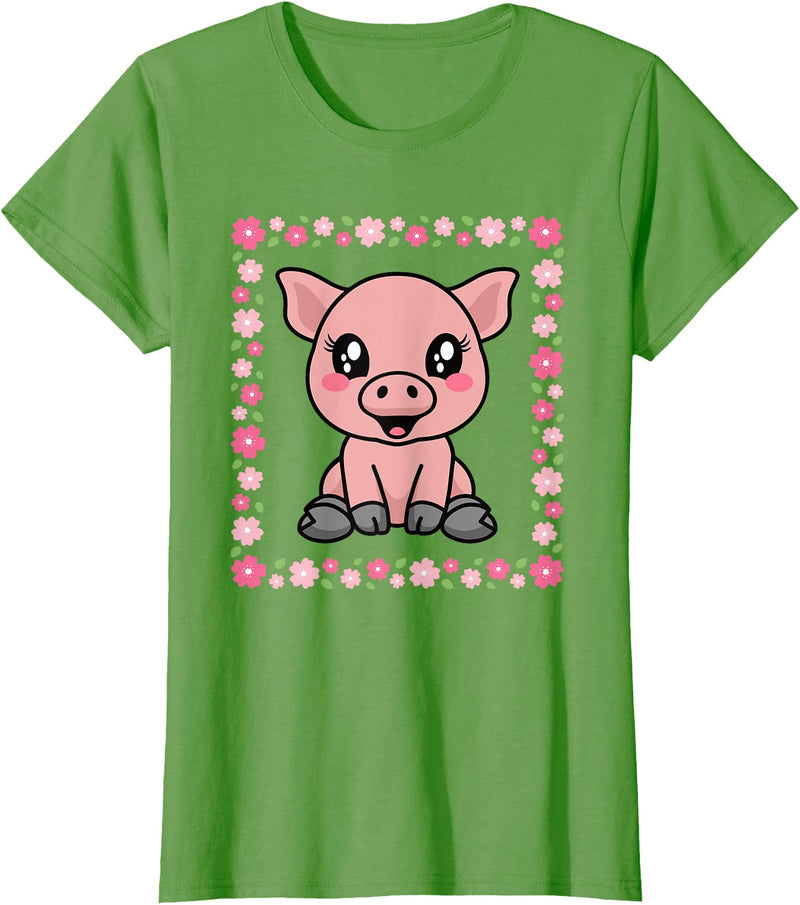 EDILILU Cute Pig Kawaii Pig Lover Piglet Women Girls T-Shirt - Grass Green