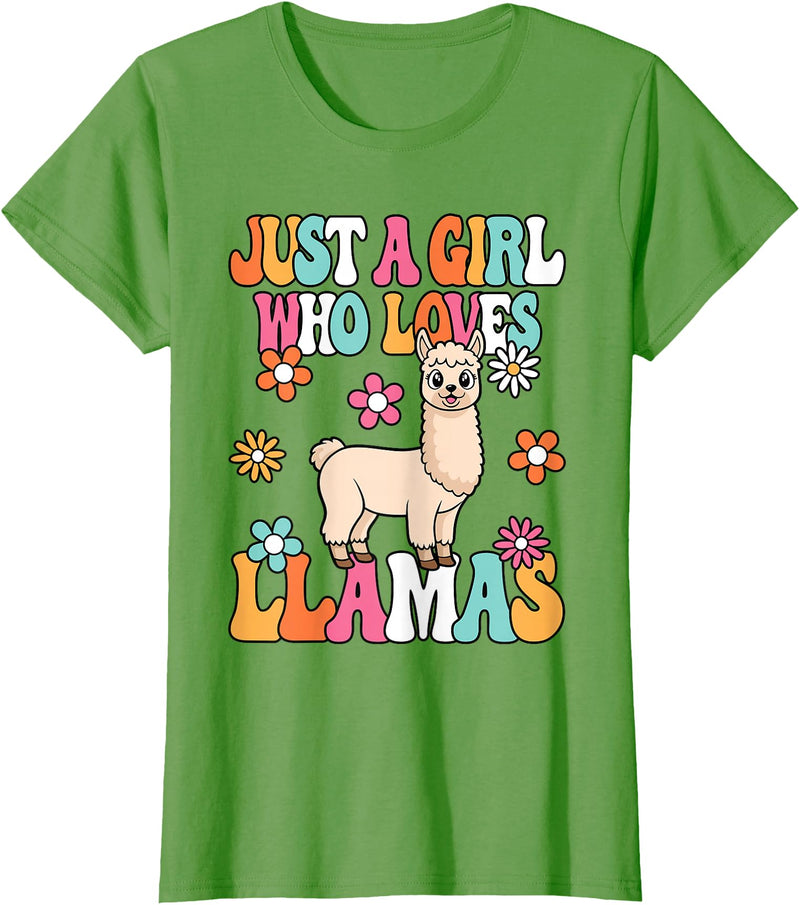 BALARI Just A Girl Who Loves Llamas Cute Groovy Alpaca Llama Kids T-Shirt - Grass Green