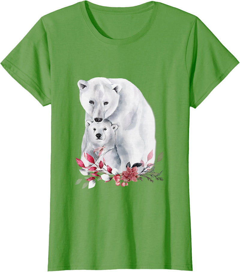 Mama Polar Bear and Baby Cub for Girls and Women T-Shirt - Grass Green