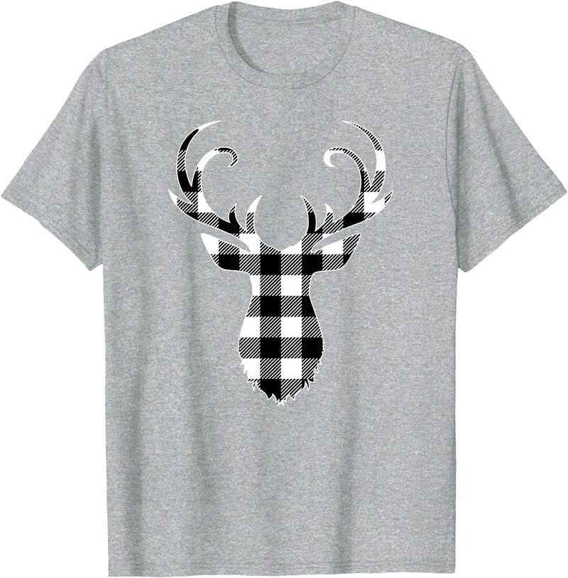 Buffalo Plaid Deer Clothing Co. by AAM Black & White Classic Christmas Buffalo Plaid Deer Head T-Shirt - Heather Grey