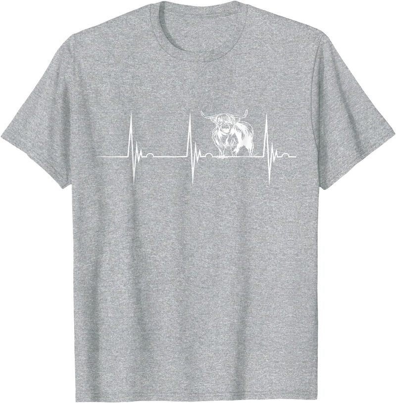 Loveable Highland Cows Hairy Coos Scottish Highland Cow Heartbeat EKG Pulse Highlander Cow T-Shirt - Heather Grey