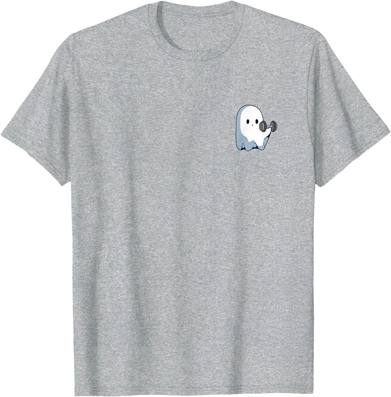 Cute Paranormal Workout Ghost Lifting Dumbbells Ghost Weightlifting Pocket Funny Ghost Workout Halloween T-Shirt - Heather