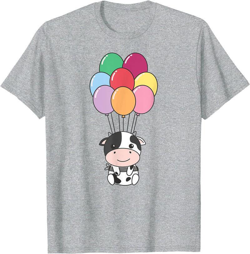 Cute Balloon Animals For Birthday Cow Flies With Colorful Balloons Kawaii Cows T-Shirt - Heather Grey