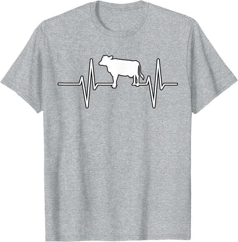 Animal Funny Farmer Farmers Gift Cow Cattle Beef Heartbeat Funny T-Shirt - Heather Grey