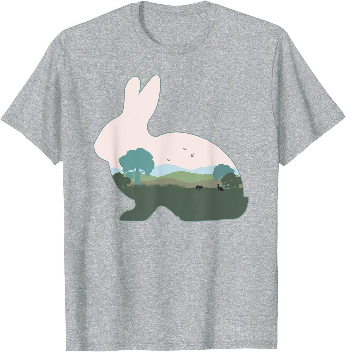 Rabbit Print with Landscape Rabbit Lover - Hare Bunny T-Shirt in Heather Grey