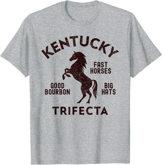 Vintage Horse Racing & Race Track Apparel Kentucky Trifecta - Fast Horses, Big Hats, & Good Bourbon T-Shirt - Heather Grey