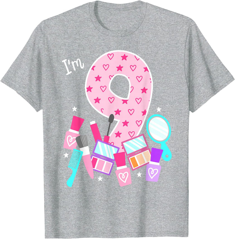Birthday Girl Spa Squad Outfit Gifts Shop Spa Birthday Party I'm 9 Girls Makeup 9th Bday Kids Toddlers T-Shirt - Heather Grey