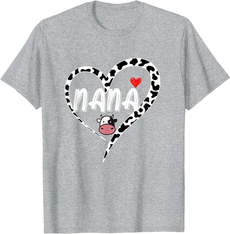Black White Family Cow Farm Nana Cow Print Cow Heart Pattern Farmer Cows Mother's Day T-Shirt - Heather Grey