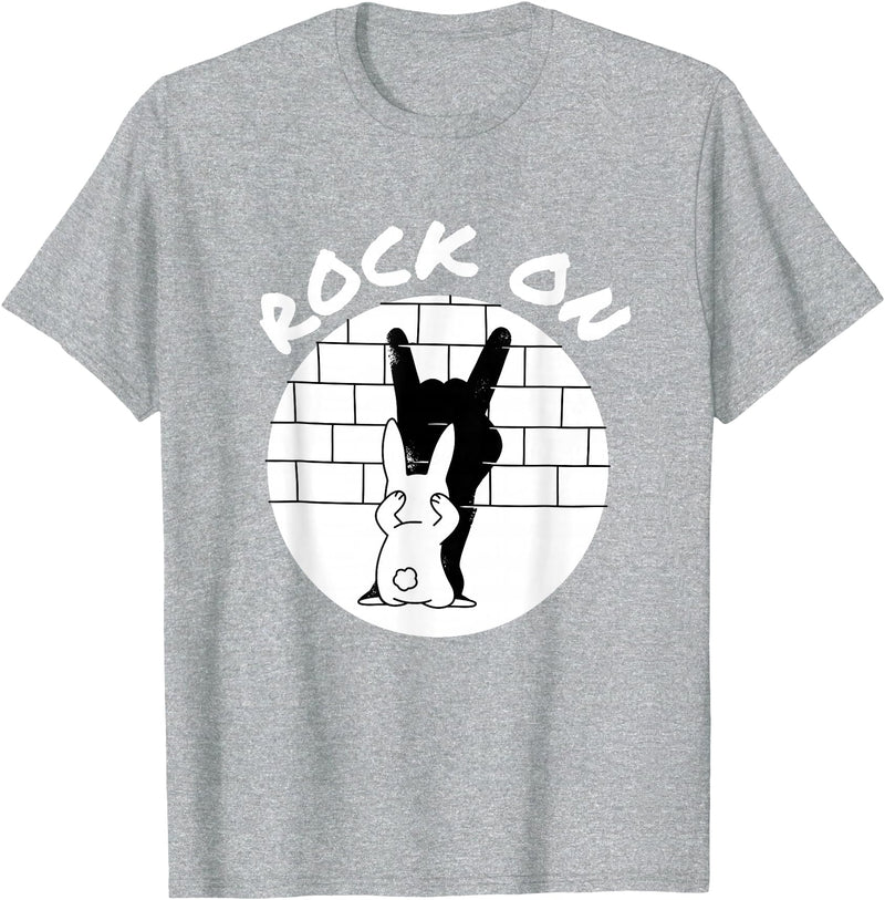 Funny Rock on Bunny Rabbit Shadow Puppet Rock N Roll Hand T-Shirt in Heather Grey