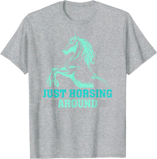 Funny Horse Lover Gifts Women Teen Girls Just Horsing Around Funny Horse Equestrian Riding Graphic T-Shirt - Heather Grey