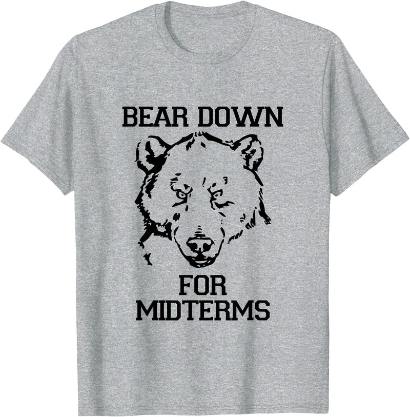Bee Kind Tees Funny College Tests - Bear Down For Midterms T-Shirt - Heather Grey
