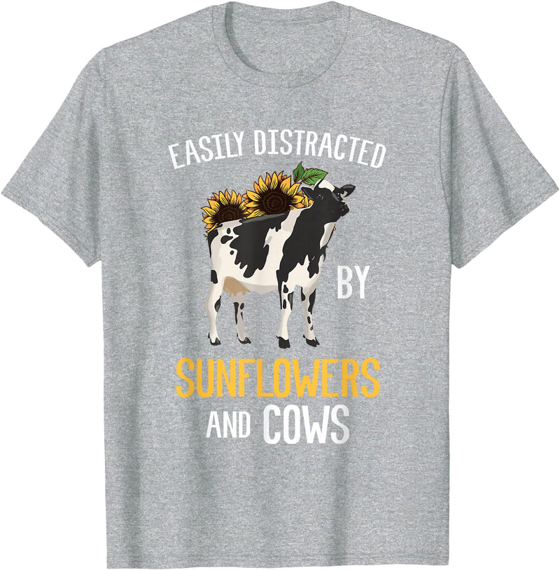 Funny Gift Idea for Sunflower and Cow Lovers Easily Distracted By Sunflowers and Cows T-Shirt - Heather Grey