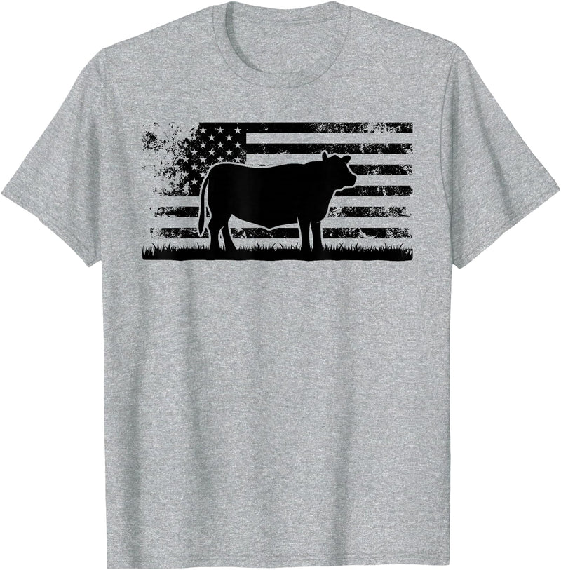 Funny Red Angus Rancher Gift for Cattle Lover USA American Flag - America Cow Red Angus Rancher T-Shirt - Heather Grey