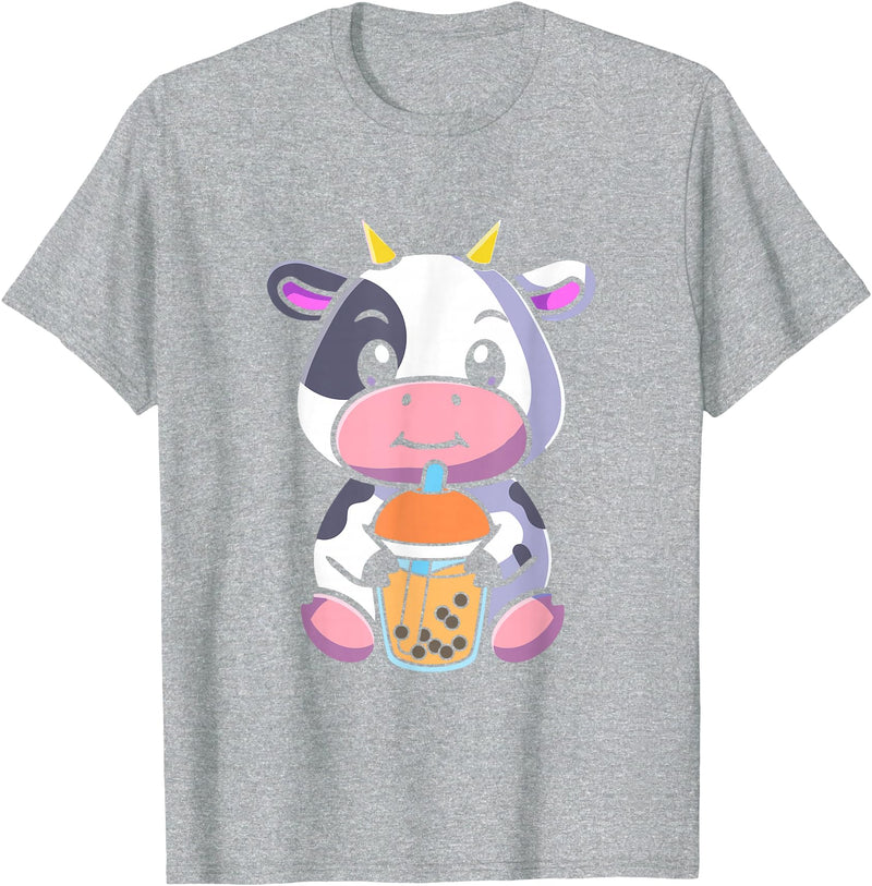 Bubble Milk Tea Cow Boba Tea Apparel Bubble Milk Tea Cow Cute Cow Drinking Boba Milk Tea T-Shirt - Heather Grey
