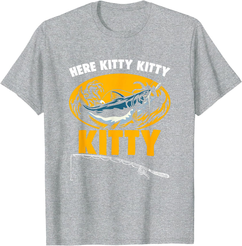 Fisherman Catfish Fishing Apparel Here Kitty Fisher Fish Rod Angler Fisherman Catfish Fishing T-Shirt - Heather Grey