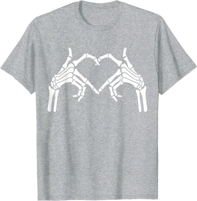 Skeleton Hand Halloween Trendy Novelty Graphic Art Skeleton Hands Heart Sign Halloween Tops T-Shirt - Heather Grey