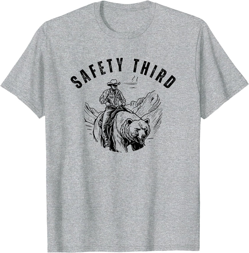 Exteevaganza Safety Third Cowboy Riding Bear Humorous Graphic T-Shirt - Heather Grey