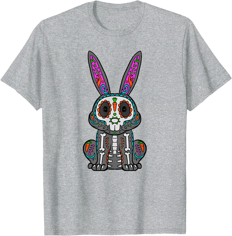 Rabbit Day of Dead Mexican Bunny Lover Rabbit Sugar Skull T-Shirt in Heather Grey