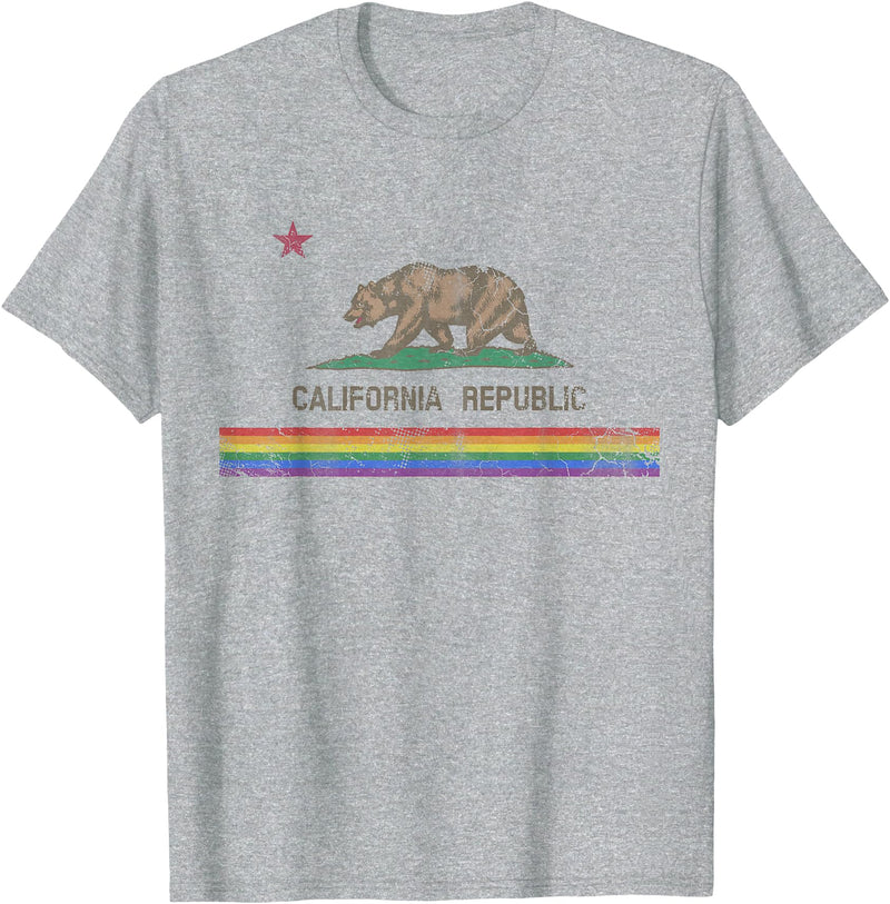 California LGBTQ+ Gift Men Women Couples Groups California Republic Bear LGBT Gay Pride Month Rainbow Flag T-Shirt - Heather Grey
