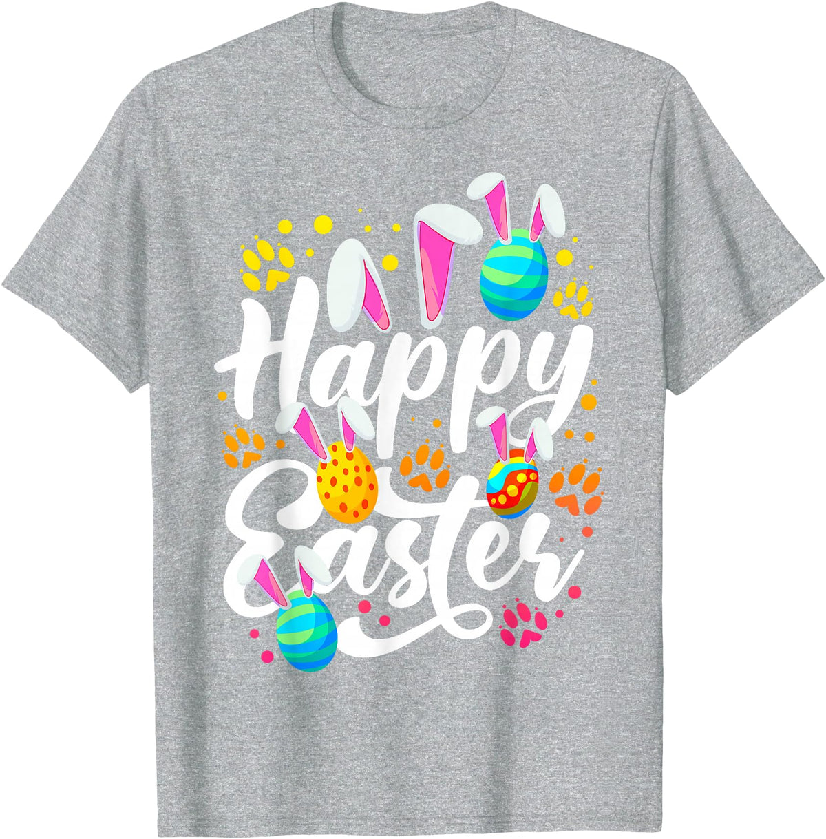 Funny Happy Easter Eggs with Easter Bunny Rabbit Ears T-Shirt in Heather Grey