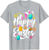Funny Happy Easter Eggs with Easter Bunny Rabbit Ears T-Shirt in Heather Grey