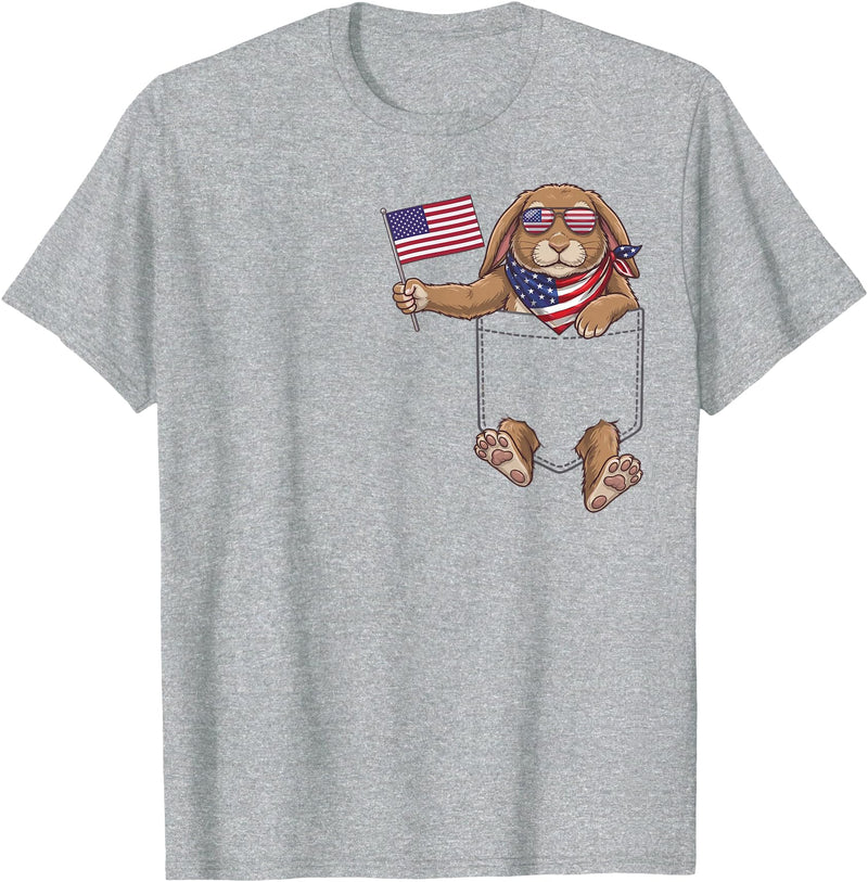 Rabbit Pocket Patriotic American Flag 4th of July USA T-Shirt in Heather Grey