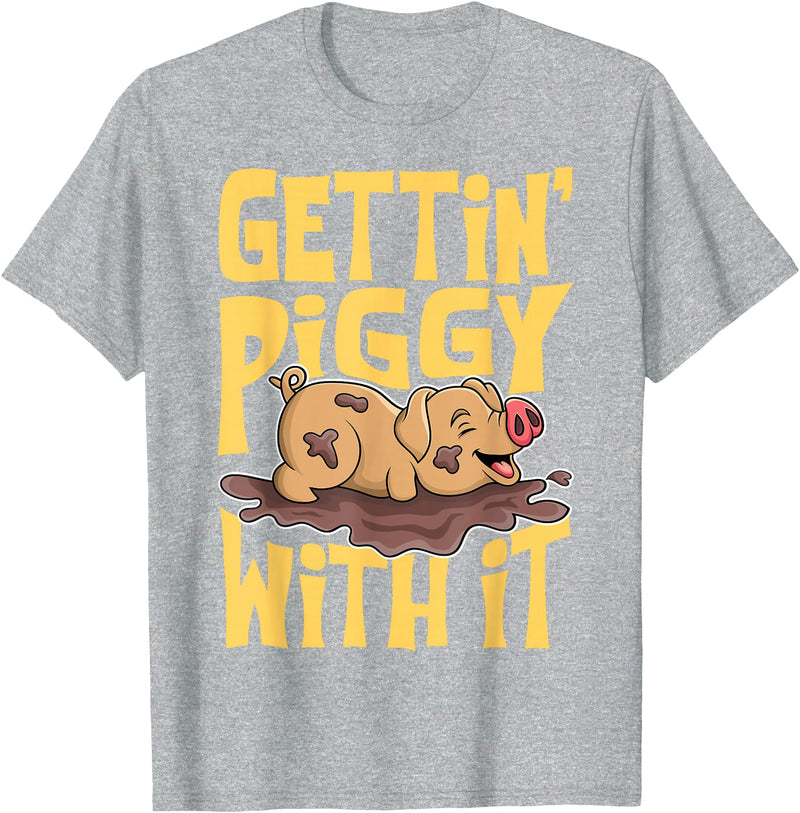 Hadley Designs Gettin' Piggy With It, Farm Animals, Hog Lover, I Love Pigs T-Shirt - Heather Grey
